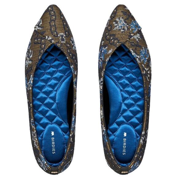 Birdies Shoes - Birdies Goldfinch Flats Ballet Needlepoint Pointed Toe Floral Blue Gold Size 5.5